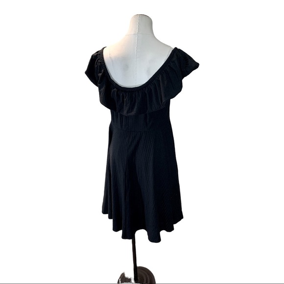 Black Off Ruffle Shoulder Midi Dress Ribbed Flare A-Line Sz Xl - Picture 3 of 8